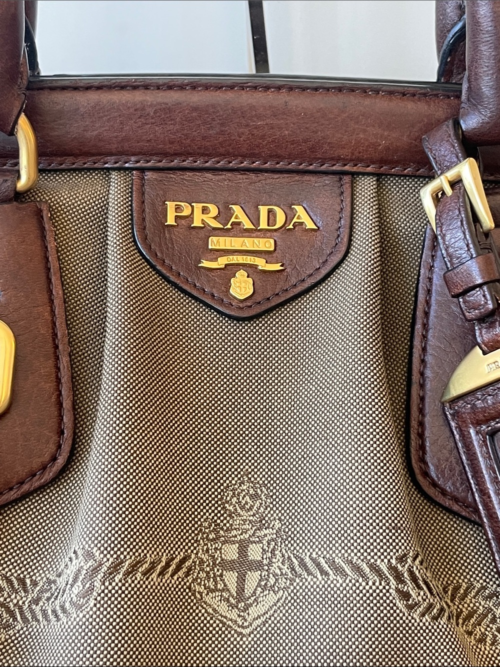 Prada Large Canapa Canvas Tote Brown Vitello Leather Trim Gold Hardware Italy - Picture 2 of 16